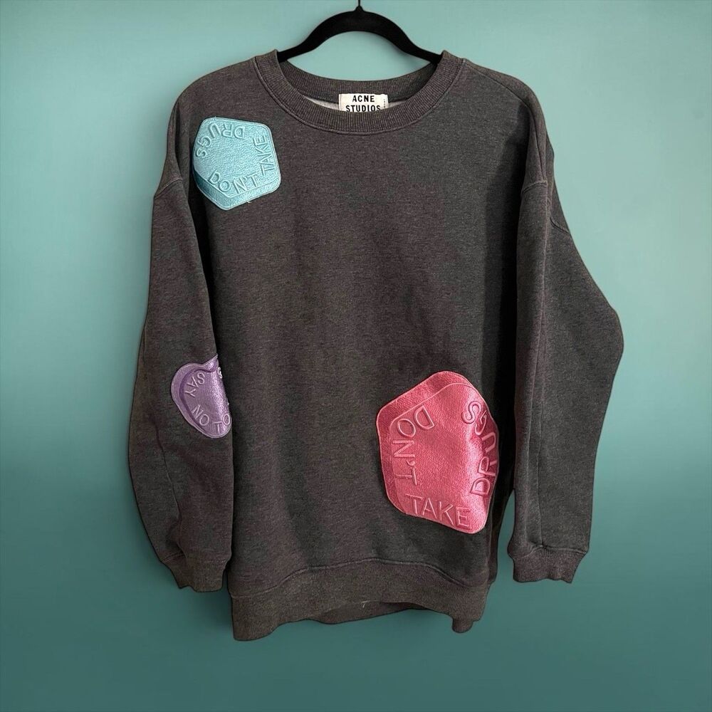 Acne Studios Beta Allover Crewneck Sweatshirt Gray Pill Patch Oversized Size S M